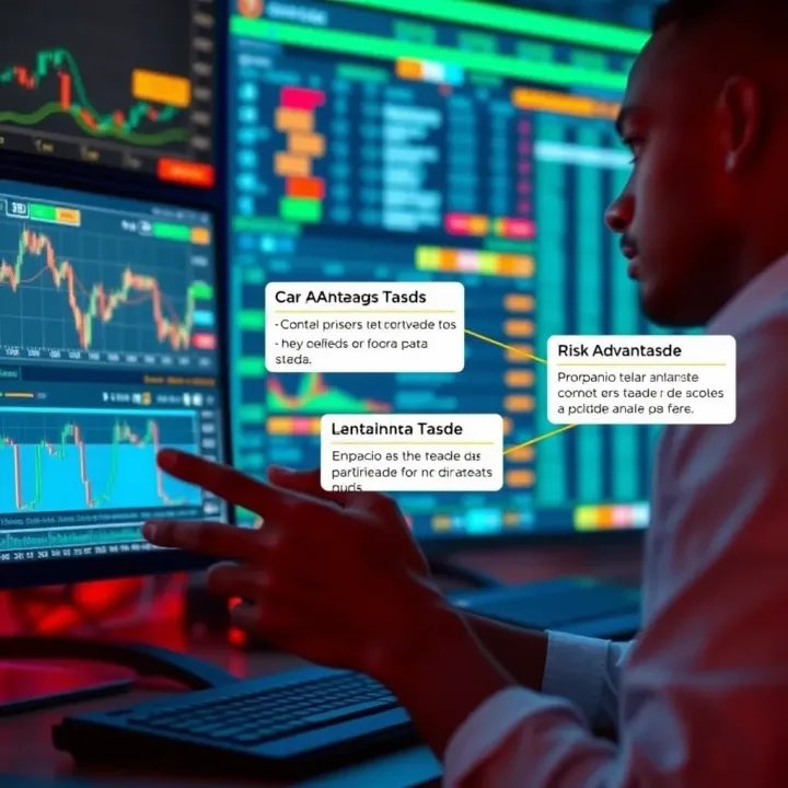 Overview of Apex Trader Benefits and Practical Tips Illustration of a trader analyzing market data with key advantages and risk factors highlighted
