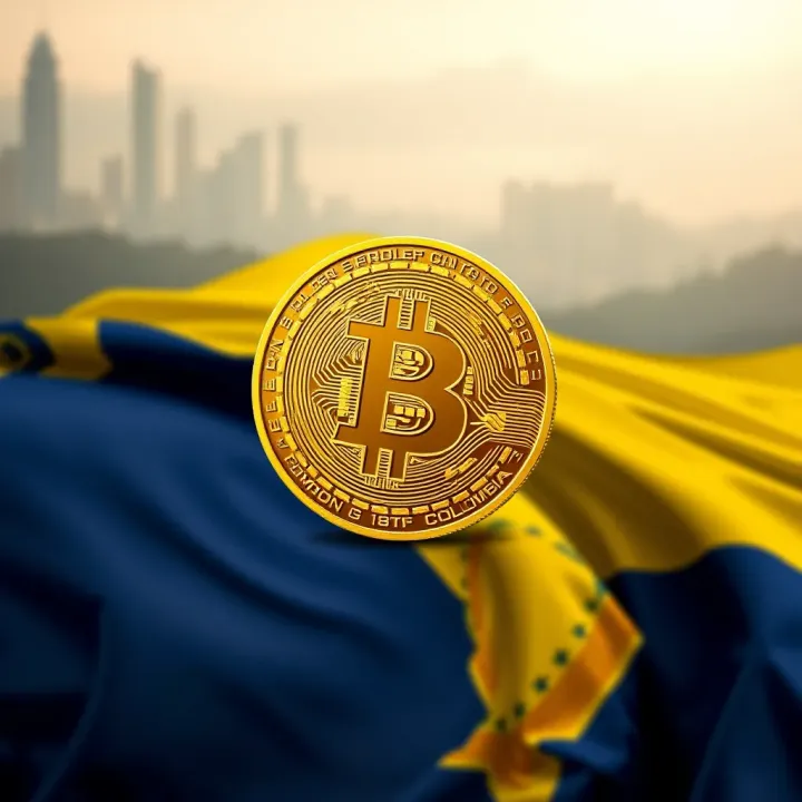 Digital illustration of bitcoin symbol overlaid on Colombian flag highlighting cryptocurrency adoption