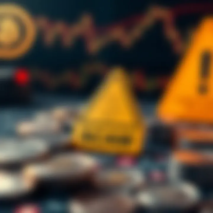 Conceptual representation of cryptocurrency scam warning with digital elements and caution symbols