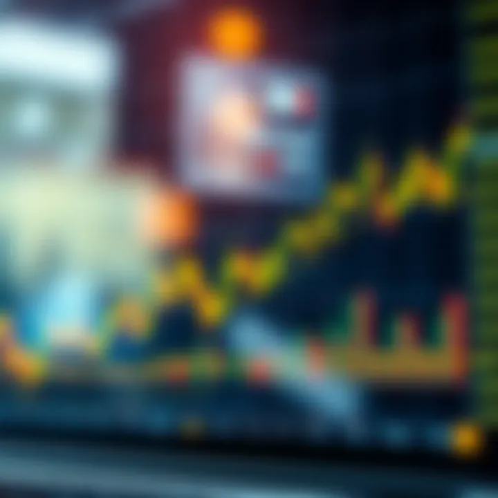 Graph showing upward trend with financial market indicators and candlestick patterns