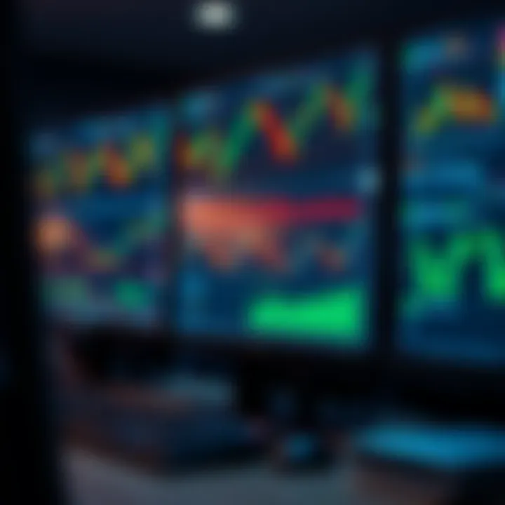 Setup with Multiple Screens for Efficient Trading Multiple computer monitors displaying financial trading charts and graphs