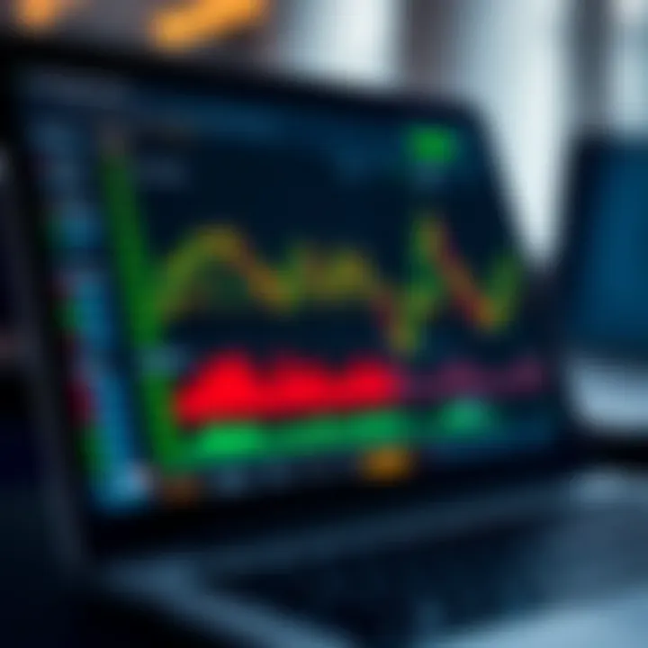 Digital interface showing stock trading charts and investment options on a laptop screen