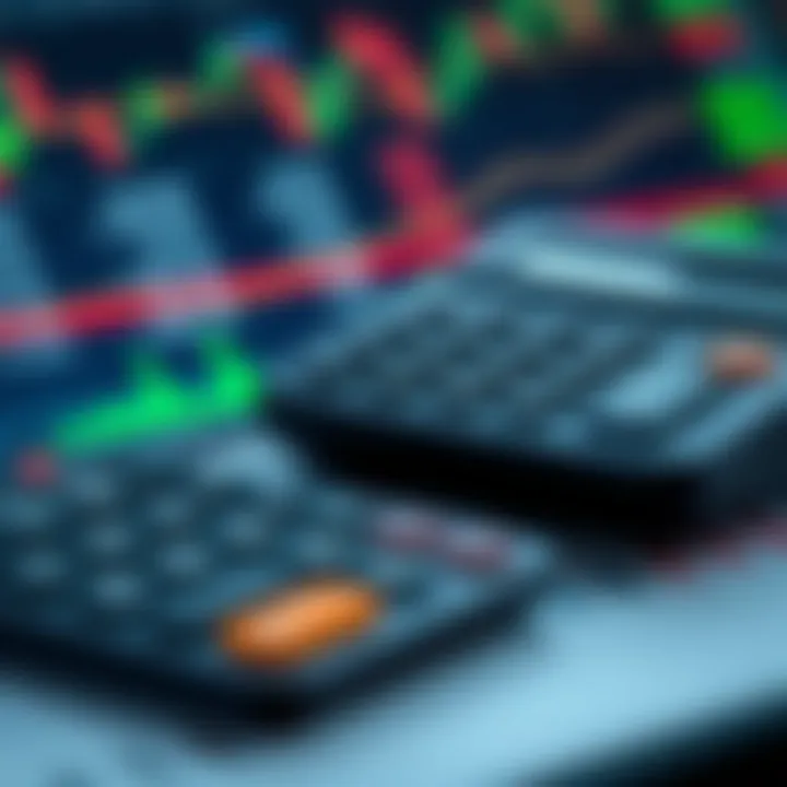 Calculator showing profit and loss calculations alongside financial market data for trading decisions