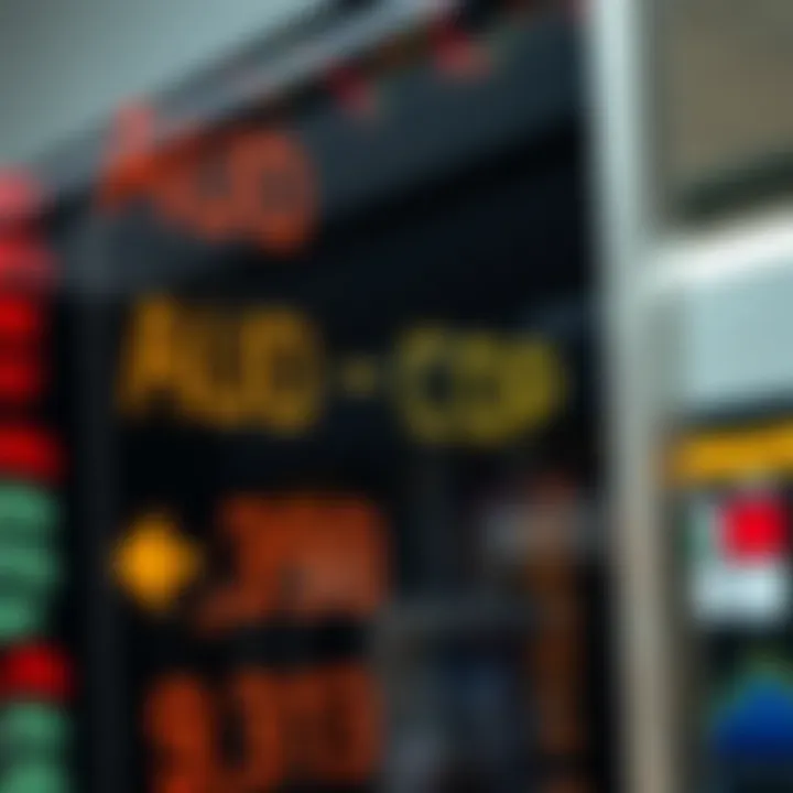 Currency exchange rates between Australian dollars and Colombian pesos displayed on a digital board