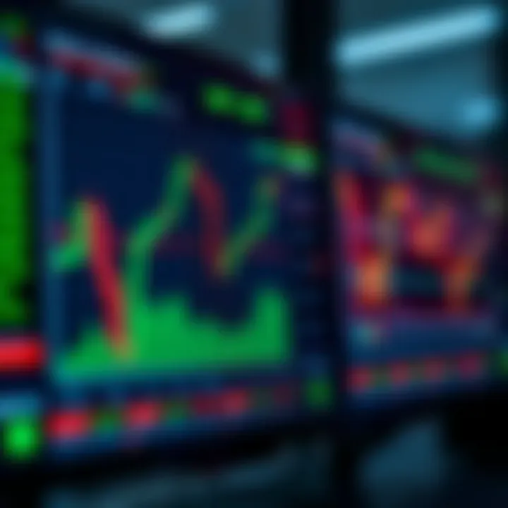 Trading platform interface displaying a simulated stock market with charts and indicators