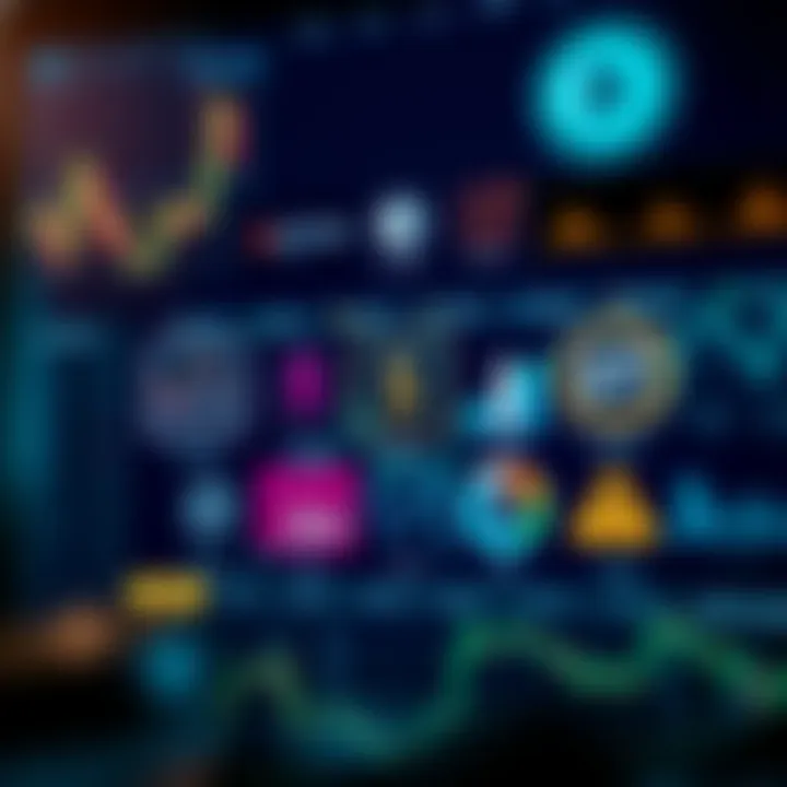 Illustration of financial asset icons including binary options, forex, and risk management symbols