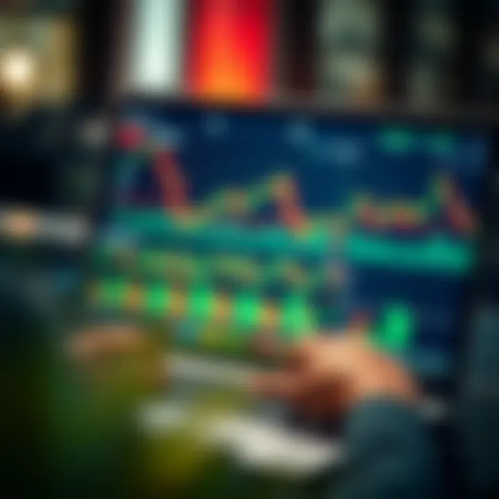 User analyzing financial data on a laptop with trading application dashboard