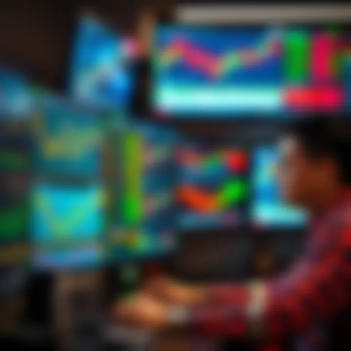 Colombian trader analyzing forex charts and economic data on multiple screens for informed trading