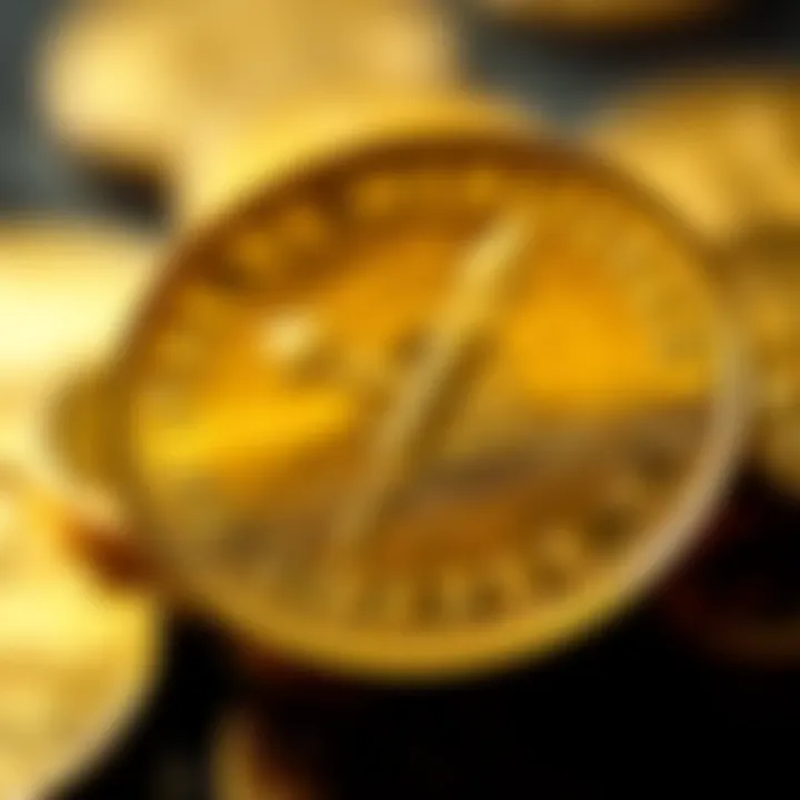 Close-up of a gold ounce coin showcasing its detailed markings and polished surface