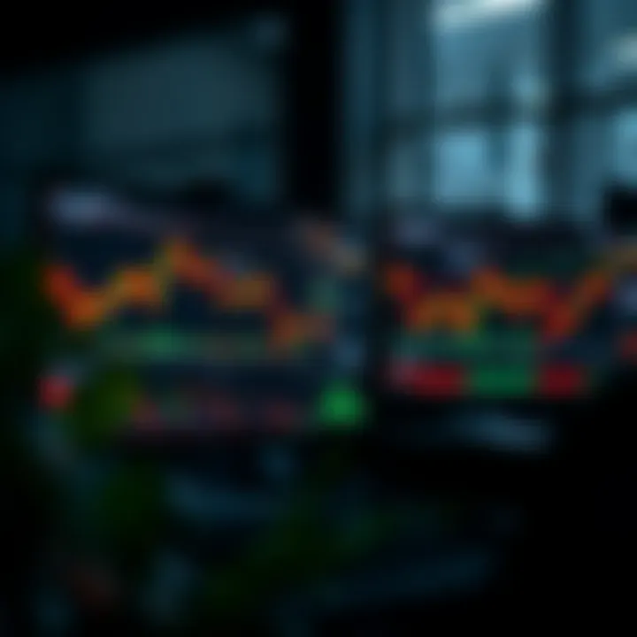 Multiple financial charts displayed on dual monitors showcasing real-time trading data