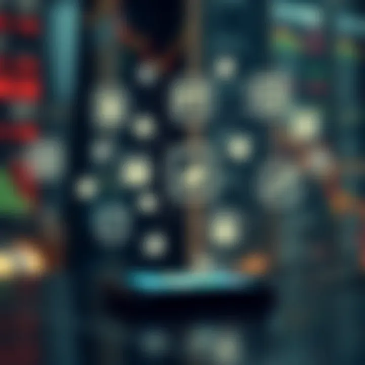 Connectivity of Mobile Trading Applications with Financial Markets Illustration showing various mobile trading app icons connected to financial market symbols