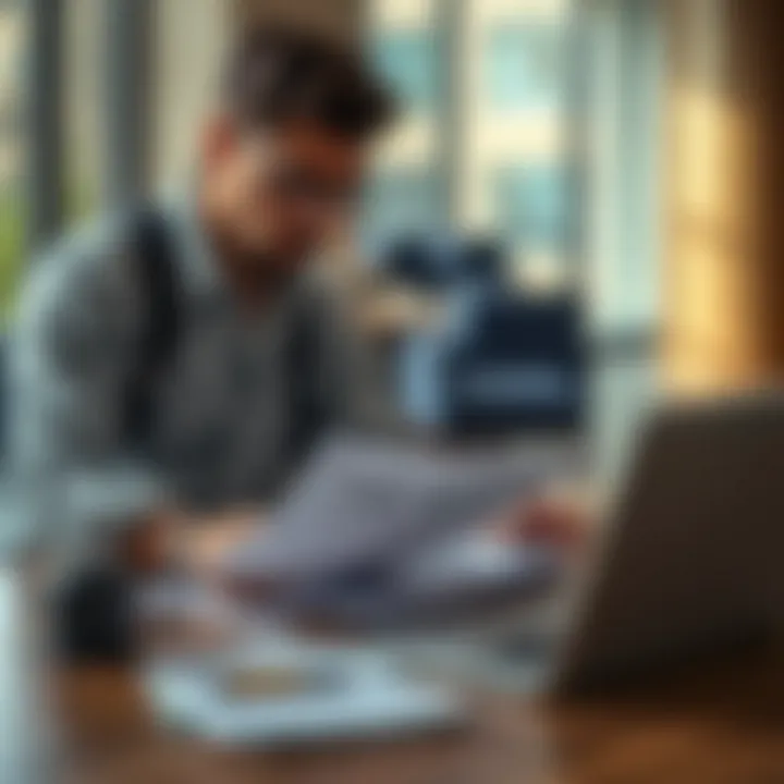 Traveler reviewing global travel insurance policy documents with a laptop and passport on a wooden table