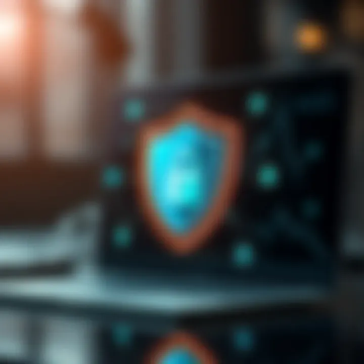 Conceptual illustration of secure online trading with shield and digital connectivity symbols