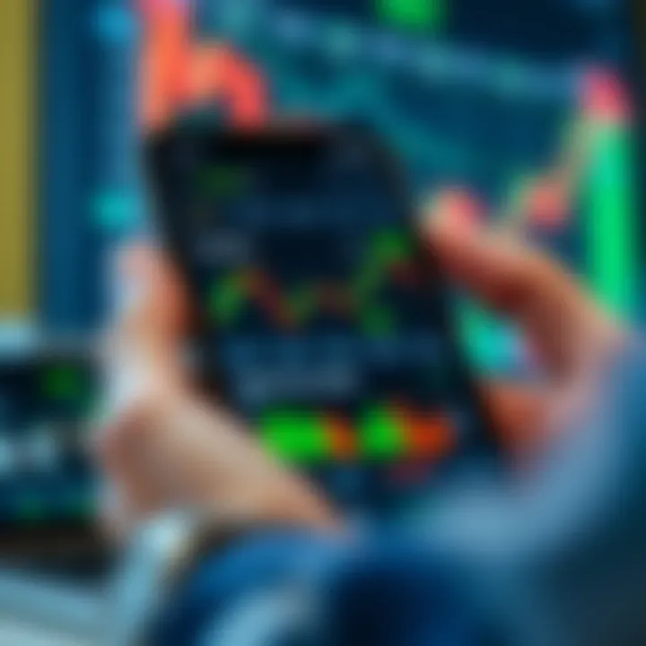 Mobile Trading Application Interface with Market Charts Mobile device displaying a trading application interface with charts and financial data