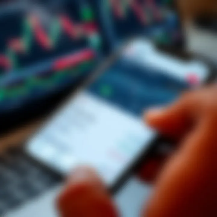 User interface of a mobile trading application showing various financial charts and trading options