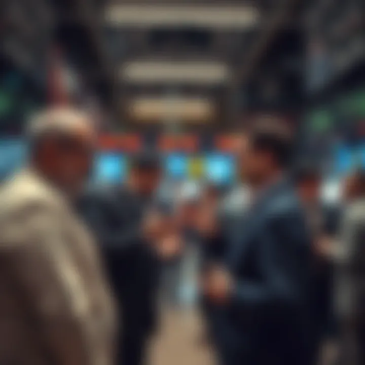 Traders actively communicating using gestures and voice in a traditional exchange pit