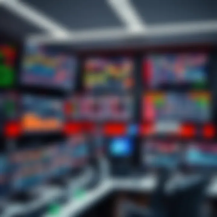 Modern trading room with multiple computer screens displaying financial charts and market data