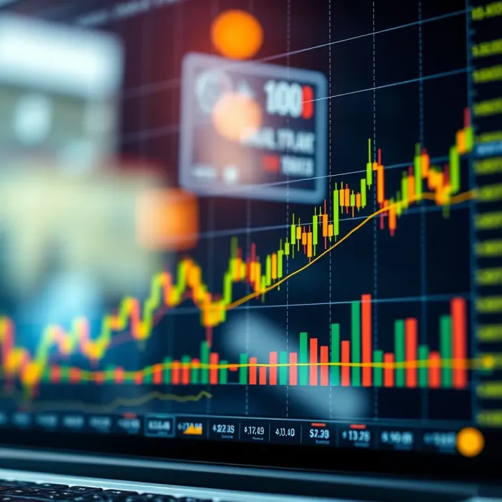 Graph showing upward trend with financial market indicators and candlestick patterns