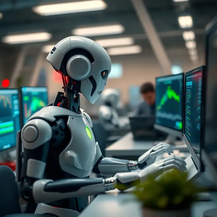 Illustration showing a digital robotic agent automating repetitive tasks on a computer interface