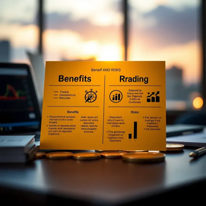 Diagram comparing benefits and risks of no deposit welcome bonuses in trading