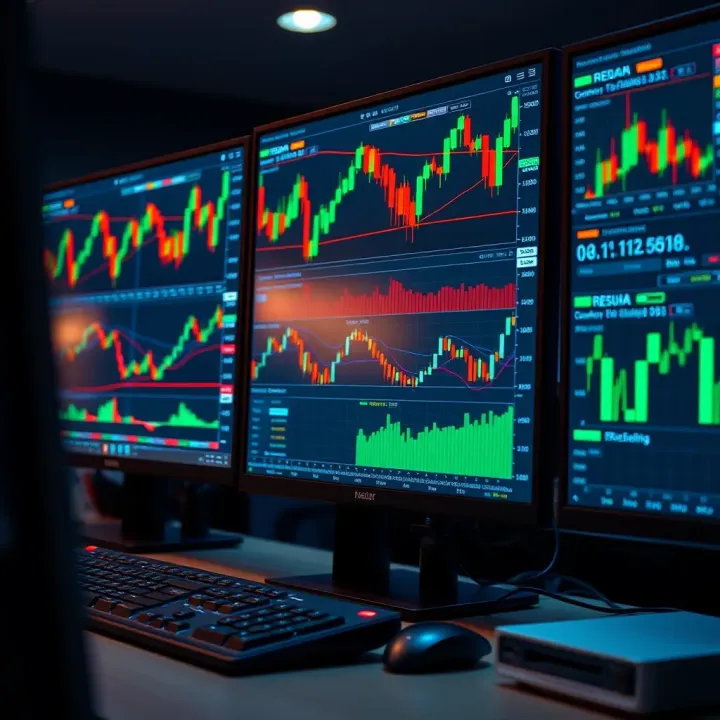Multiple computer monitors displaying financial trading charts and graphs