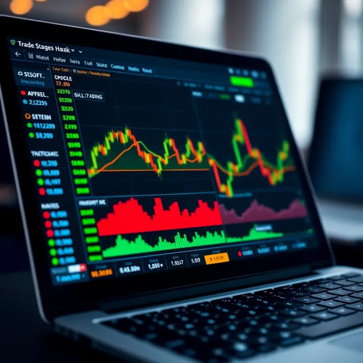 Digital interface showing stock trading charts and investment options on a laptop screen