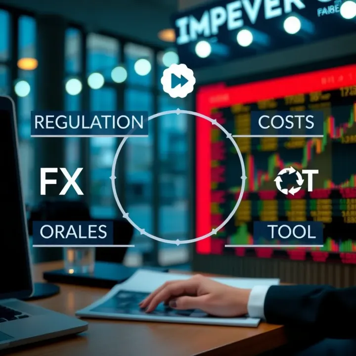 Conceptual graphic showing factors to consider when choosing a forex broker with icons for regulation, costs, and tools