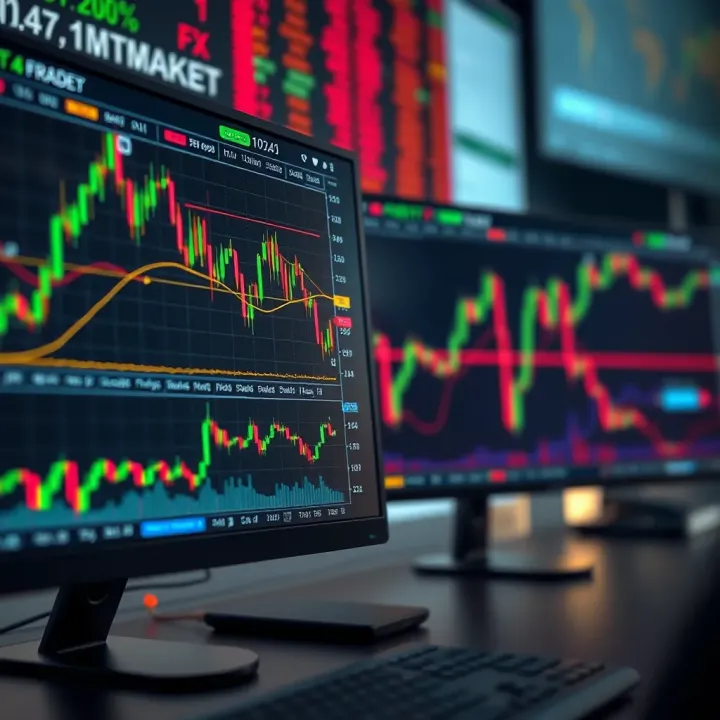 Illustration of forex market trading platforms displaying currency charts and data