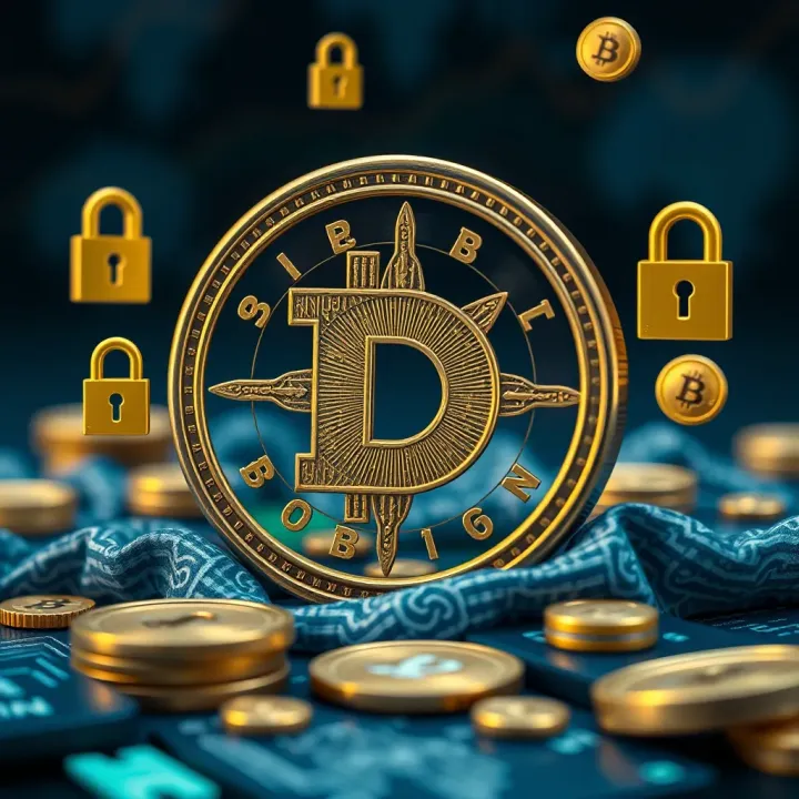 Visual representation of Dogecoin symbol surrounded by digital currency icons and security elements