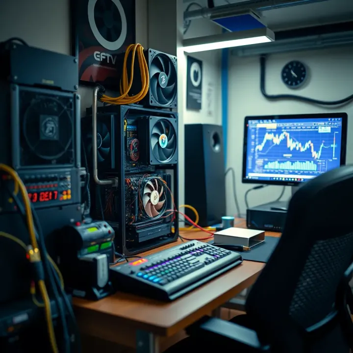 Computer setup with specialized mining hardware used for cryptocurrency extraction in Colombia