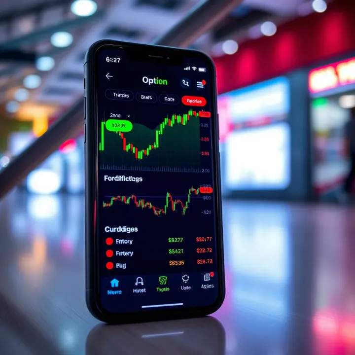 Mobile phone displaying IQ Option app with trading graphs and options optimized for Colombian users