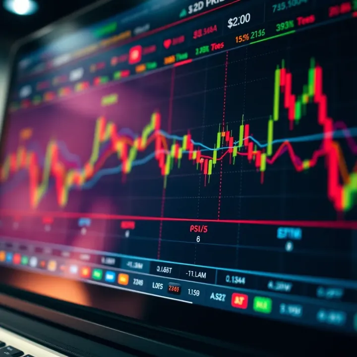 Graph showing financial market trends with indicators and trading options