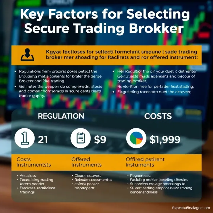 Key Factors for Selecting a Secure Trading Broker Infographic showing key factors for choosing a safe trading broker including regulation, costs, and offered instruments