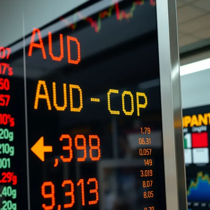 Currency exchange rates between Australian dollars and Colombian pesos displayed on a digital board
