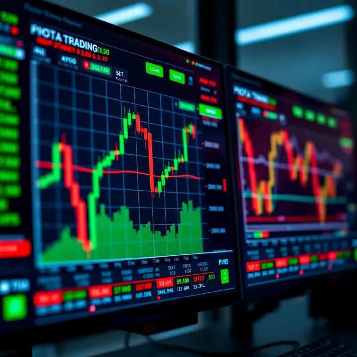 Simulated Trading Platform with Market Charts and Indicators Trading platform interface displaying a simulated stock market with charts and indicators
