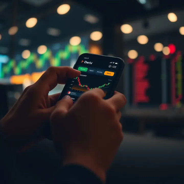 User interacting with the Deriv app showing trading charts and account features