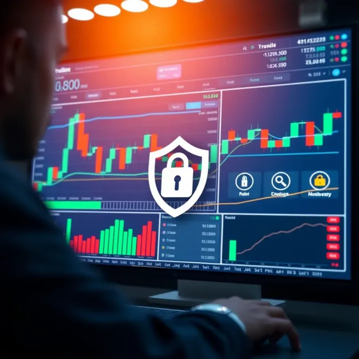 Illustration showing a secure online trading platform interface with charts and security icons