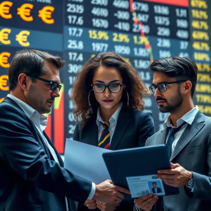 Business professionals analyzing economic data with currency symbols in background
