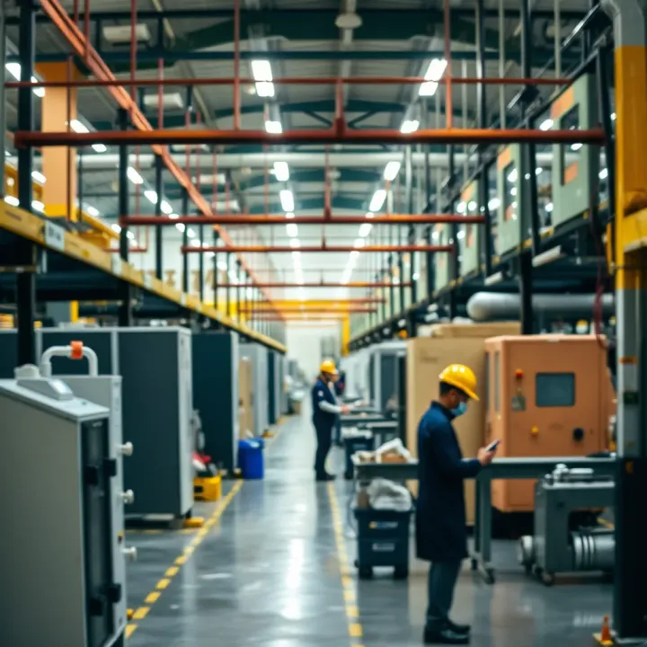 Industrial Manufacturing Facility in Colombia Industrial manufacturing plant with advanced machinery and workers operating equipment