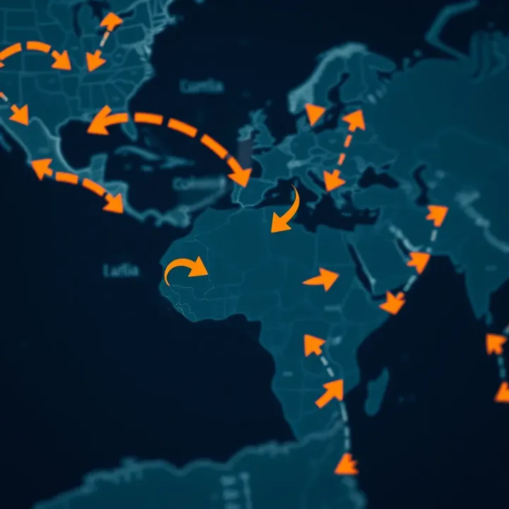 Map highlighting Colombia with arrows indicating international trade routes connected to Europe
