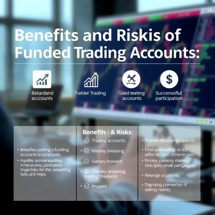 Benefits and Risks of Funded Trading Accounts Graphic depicting the benefits and risks of trading with funded accounts alongside key requirements for successful participation
