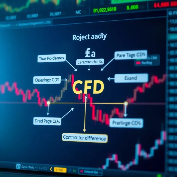 Diagram illustrating the concept of contract for difference trading with charts and currency symbols