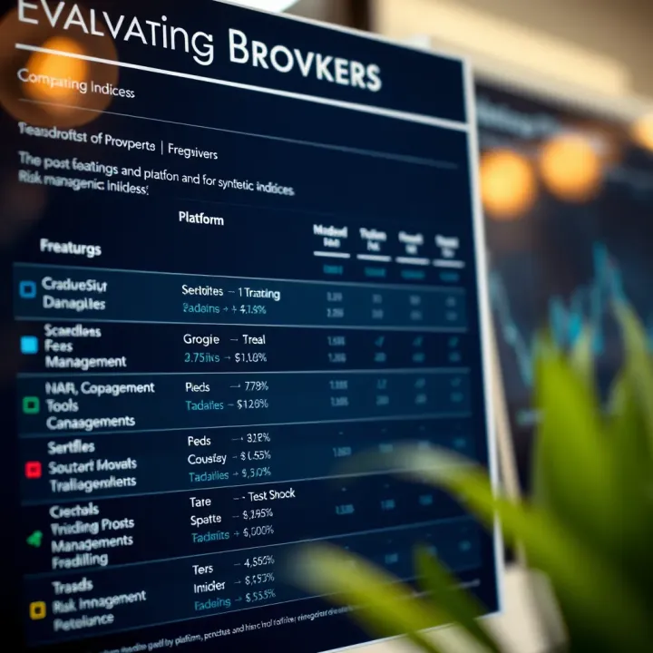 Evaluating Brokers: Platforms, Costs, and Risk Factors for Synthetic Indices Comparison chart showing various brokers with their platform features, fees, and risk management tools