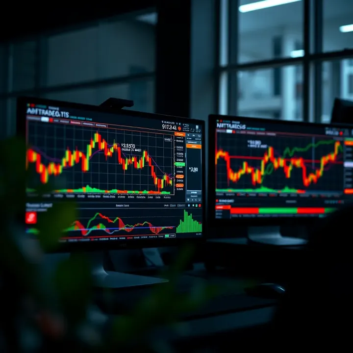 Multiple financial charts displayed on dual monitors showcasing real-time trading data