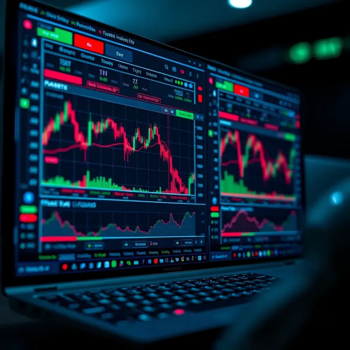 Illustration of a digital trading platform displaying synthetic indices with charts and key broker features highlighted