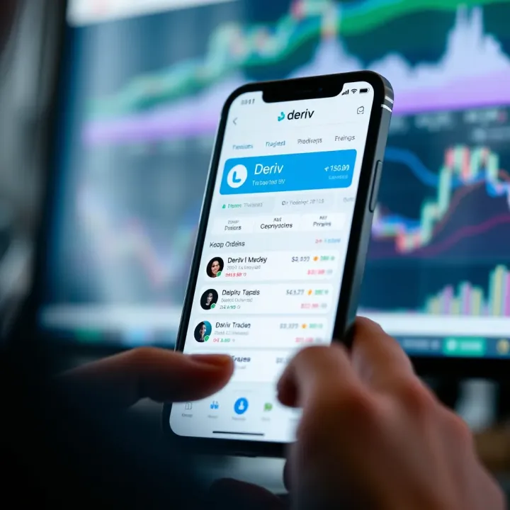 Mobile device displaying the Deriv app interface showing financial market data and trading options