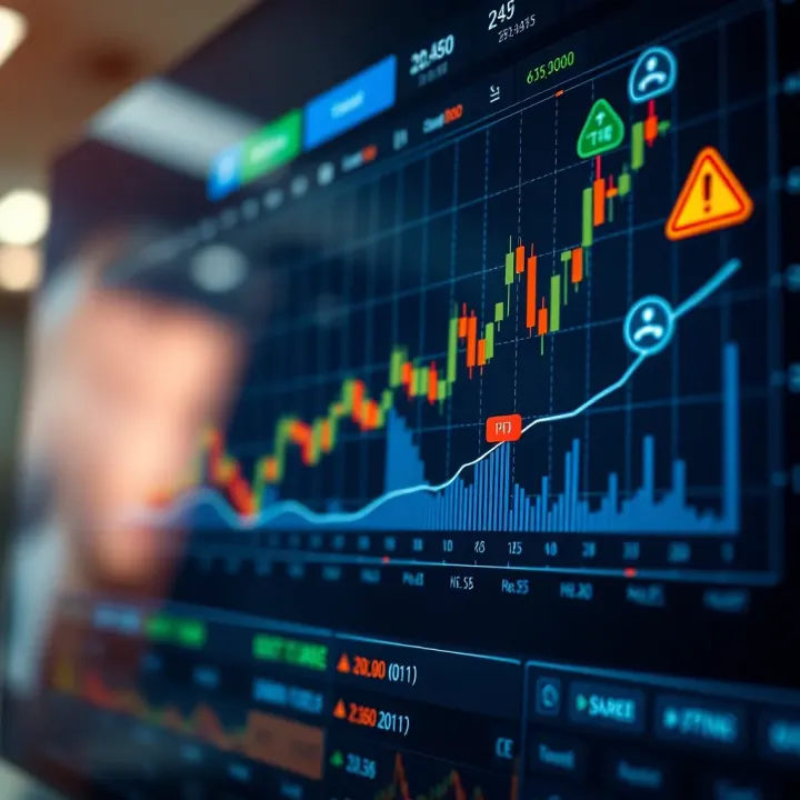 Chart displaying upward trend with trading indicators and risk management icons