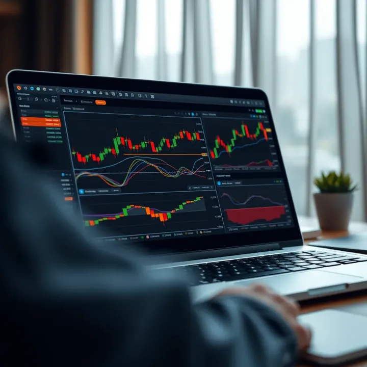 Set of trading tools and charts on a laptop screen illustrating online trading strategies