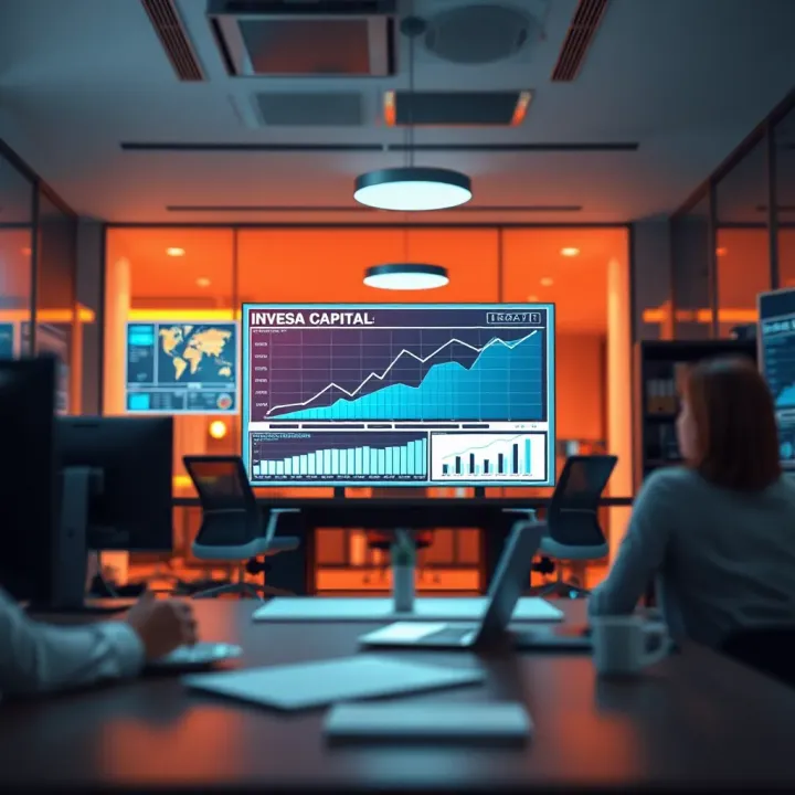 Modern financial office with digital graphs showing investment growth and technology integration
