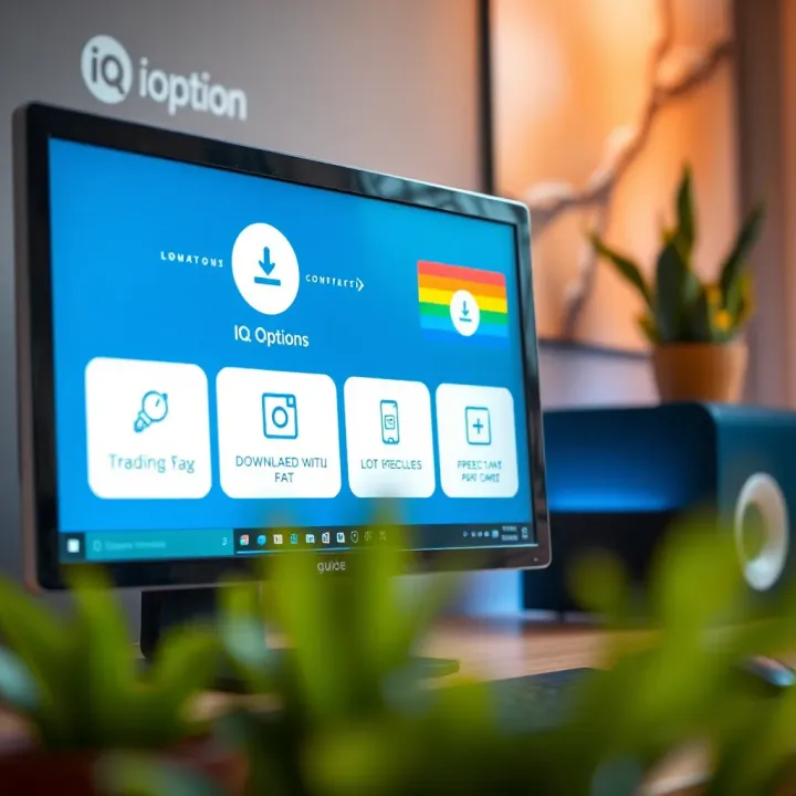 Illustration of computer with download and installation icons indicating setup process for trading software